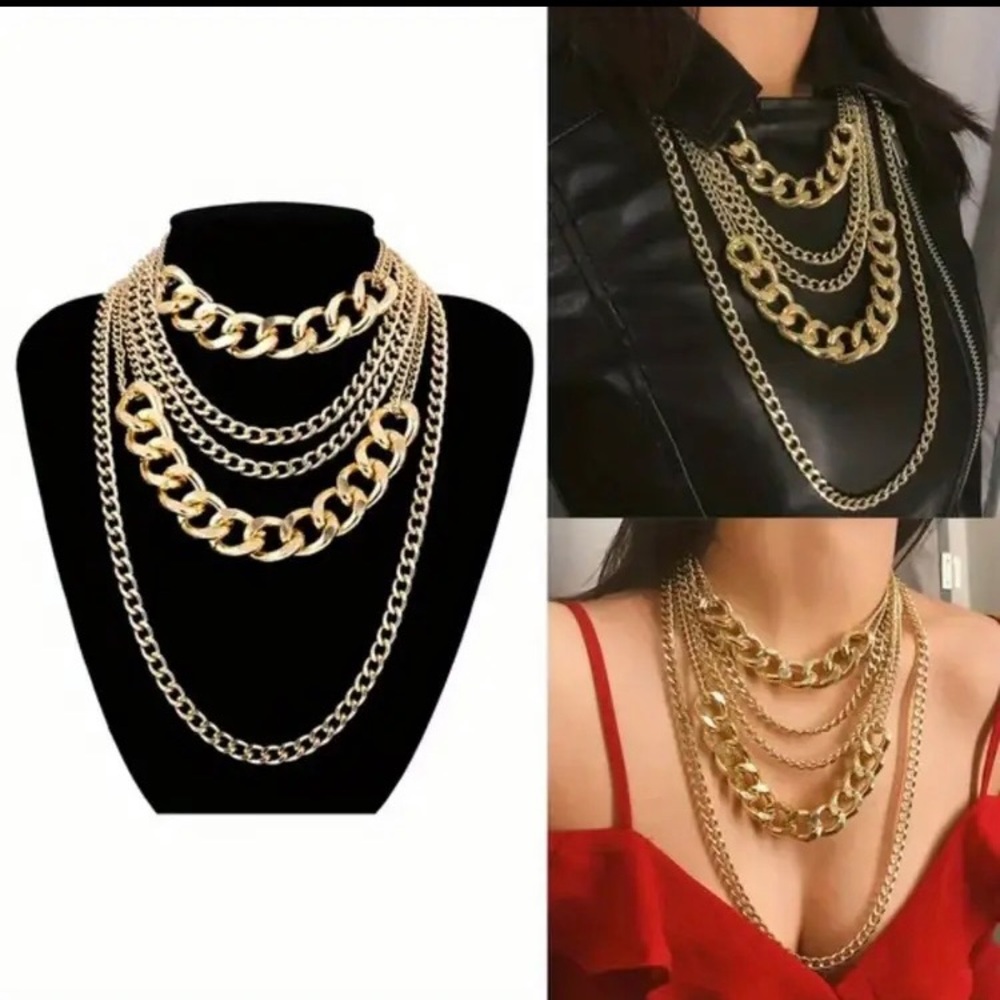 Exaggerated Cuban Chunky Chain Choker Multilayer Necklace Gold (Alloy material)